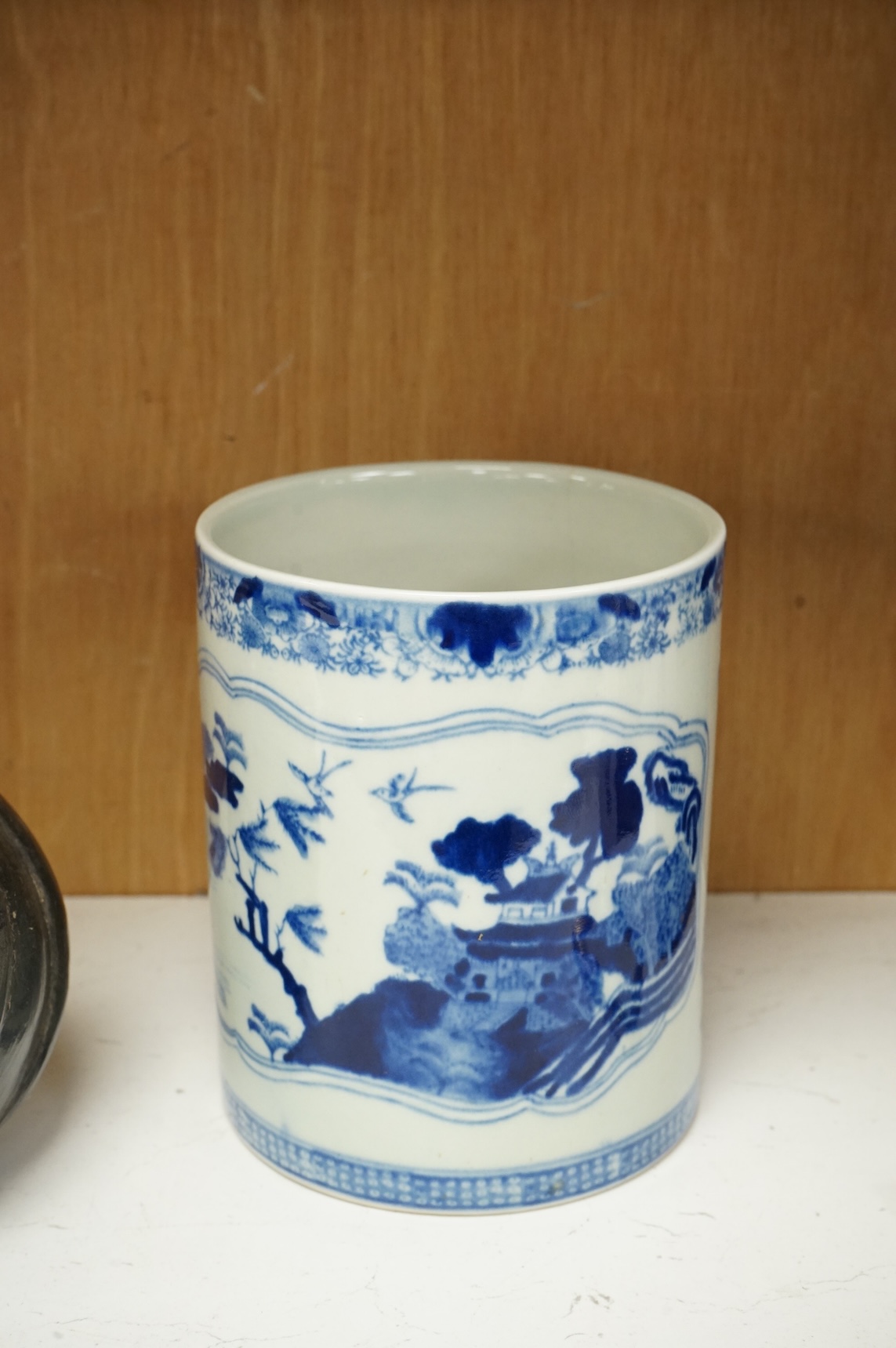 Oriental items to include a crackleglaze bowl on stand and a bamboo brush pot, together with two other vessels, largest 27cm in diameter